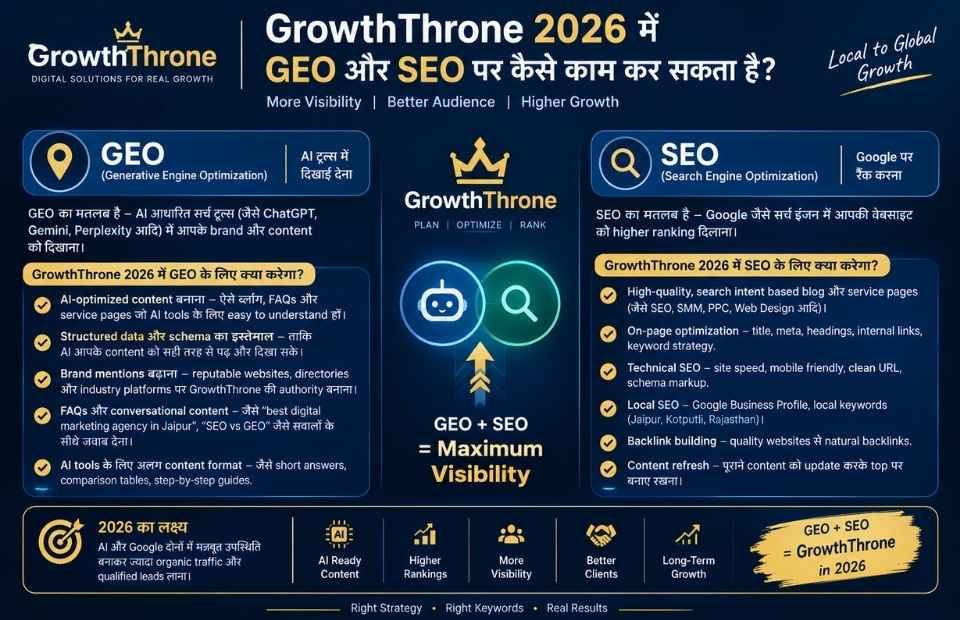  GrowthThrone 2026 में GEO और SEO पर कैसे काम कर सकता है?